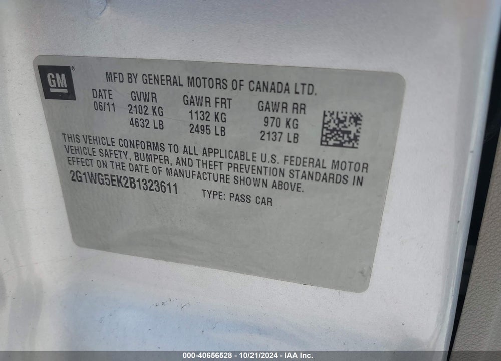 2011 CHEVROLET IMPALA LT VIN: 2G1WG5EK2B1323611