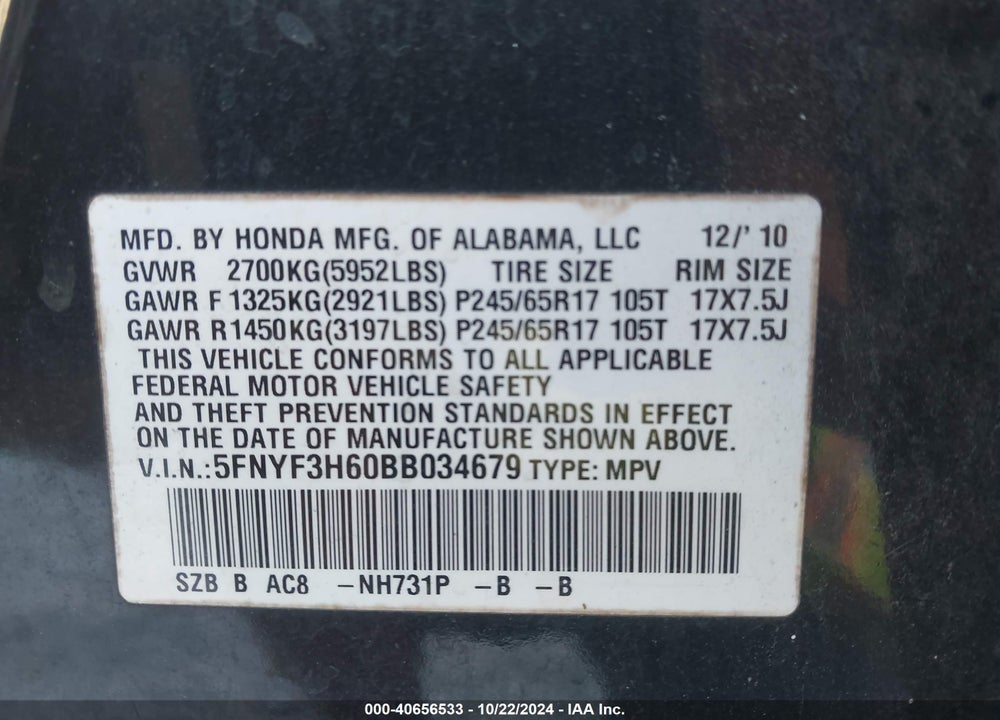 2011 HONDA PILOT EX-L VIN: 5FNYF3H60BB034679
