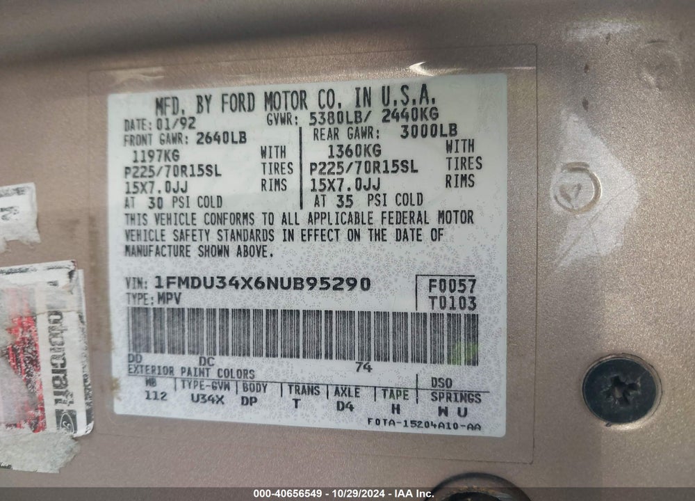 1992 FORD EXPLORER VIN: 1FMDU34X6NUB95290