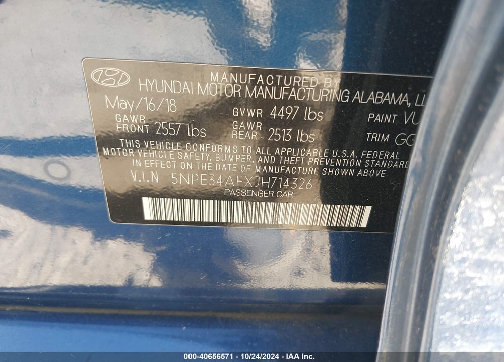 2018 HYUNDAI SONATA SEL VIN: 5NPE34AFXJH714326