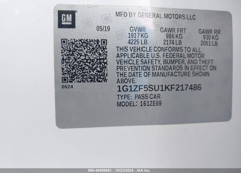 2019 CHEVROLET MALIBU HYBRID VIN: 1G1ZF5SU1KF217486