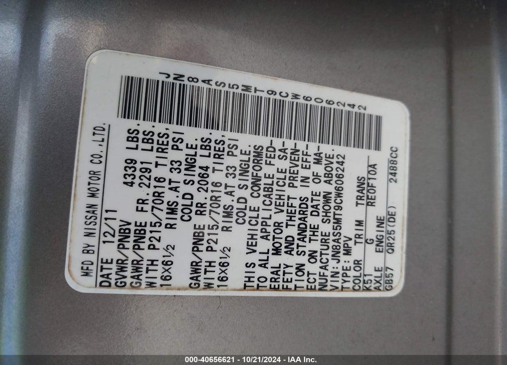 2012 NISSAN ROGUE S VIN: JN8AS5MT9CW606242