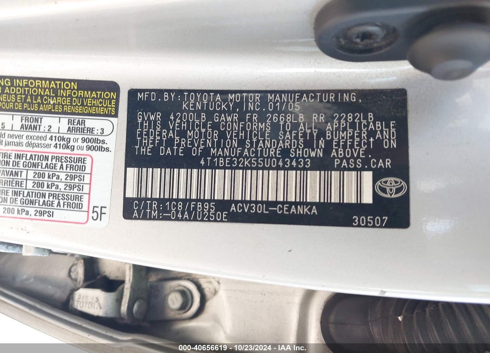 2005 TOYOTA CAMRY LE VIN: 4T1BE32K55U043433