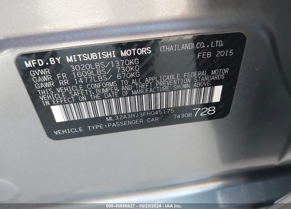 2015 MITSUBISHI MIRAGE DE/RF VIN: ML32A3HJ3FH045175
