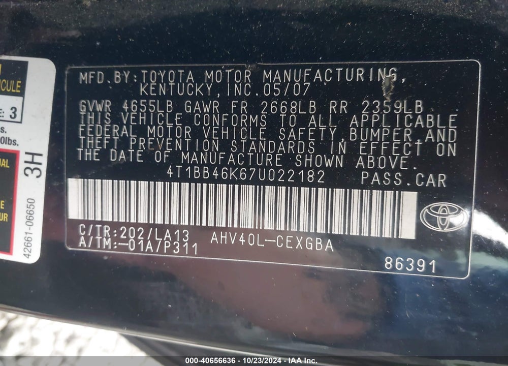 2007 TOYOTA CAMRY HYBRID VIN: 4T1BB46K67U022182