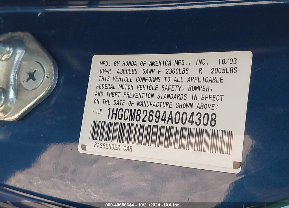 2004 HONDA ACCORD 3.0 EX VIN: 1HGCM82694A004308