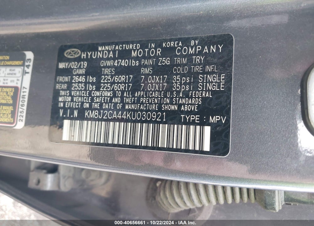 2019 HYUNDAI TUCSON SE VIN: KM8J2CA44KU030921