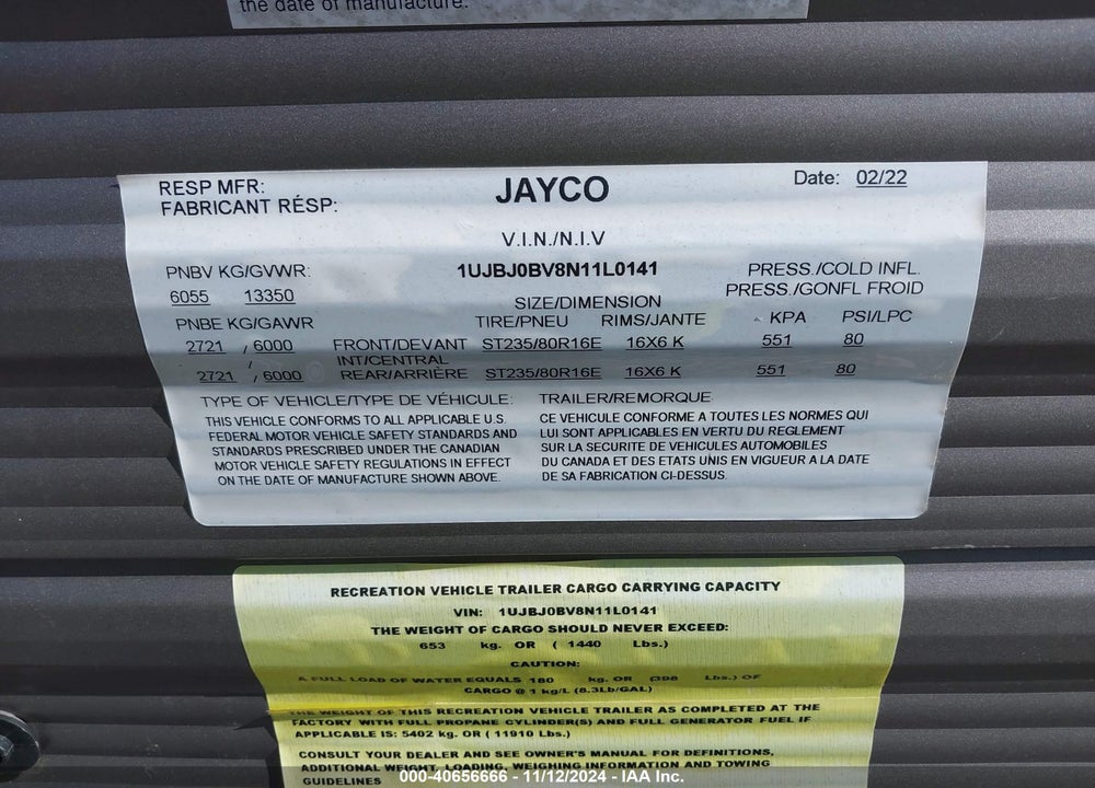 2022 JAYCO OTHER VIN: 1UJBJ0BV8N11L0141