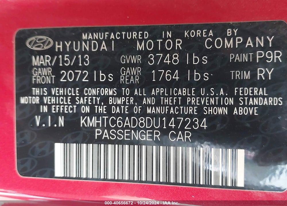 2013 HYUNDAI VELOSTER BASE W/GRAY VIN: KMHTC6AD8DU147234