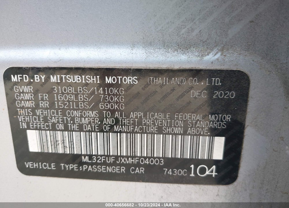 2021 MITSUBISHI MIRAGE G4 CARBONITE EDITION/ES/LE VIN: ML32FUFJXMHF04003