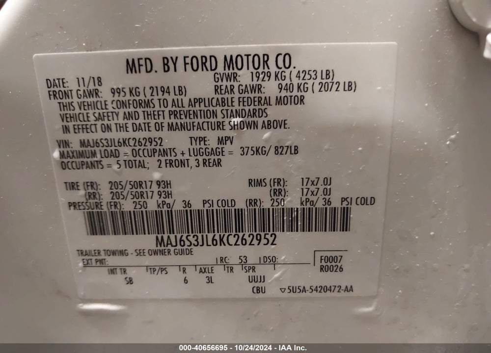 2019 FORD ECOSPORT SES VIN: MAJ6S3JL6KC262952