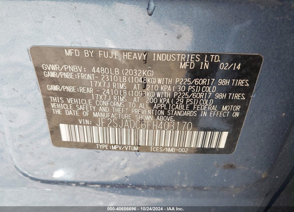2015 SUBARU FORESTER 2.5I PREMIUM VIN: JF2SJADC6FH403170