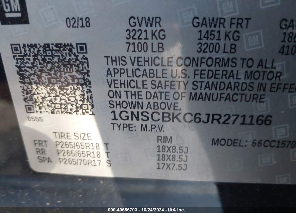 2018 CHEVROLET TAHOE LT VIN: 1GNSCBKC6JR271166