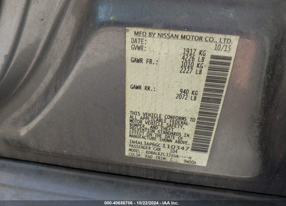 2016 NISSAN ALTIMA 2.5 SV VIN: 1N4AL3AP6GC110347