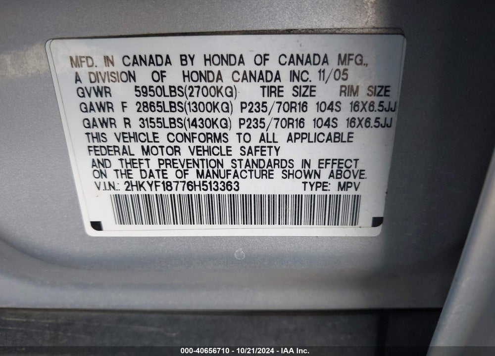 2006 HONDA PILOT EX-L VIN: 2HKYF18776H513363
