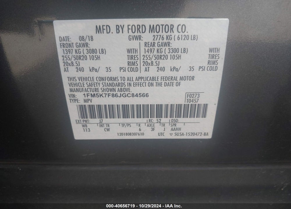 2018 FORD EXPLORER LIMITED VIN: 1FM5K7F86JGC84566