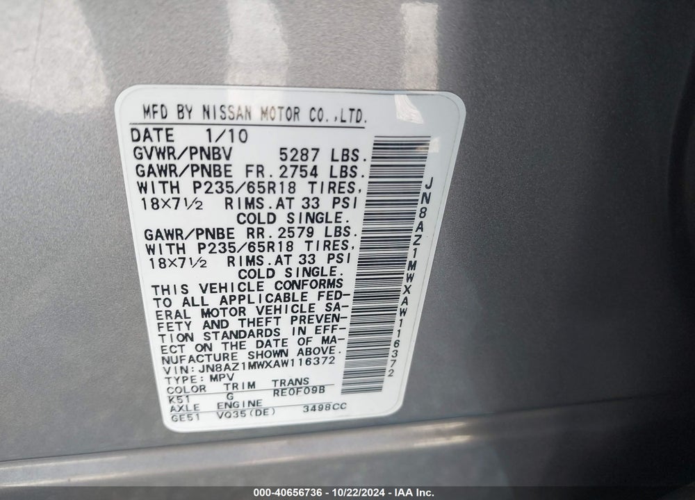 2010 NISSAN MURANO SL VIN: JN8AZ1MWXAW116372