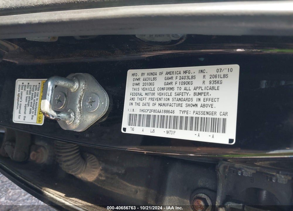 2010 HONDA ACCORD 2.4 EX-L VIN: 1HGCP2F80AA188646