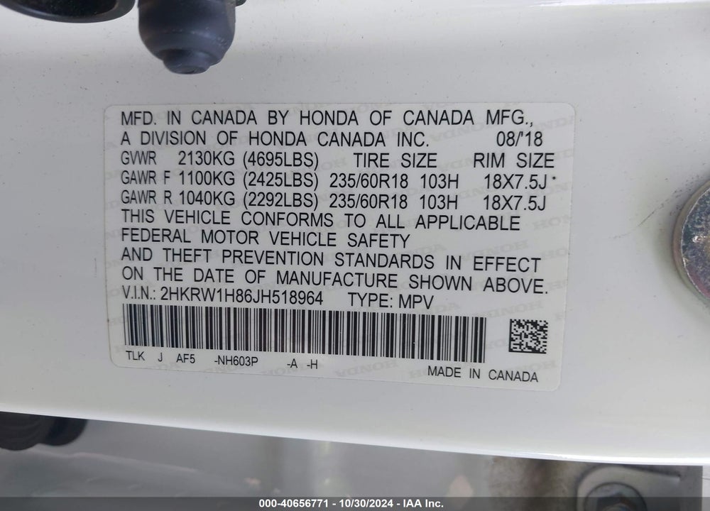 2018 HONDA CR-V EX-L/EX-L NAVI VIN: 2HKRW1H86JH518964