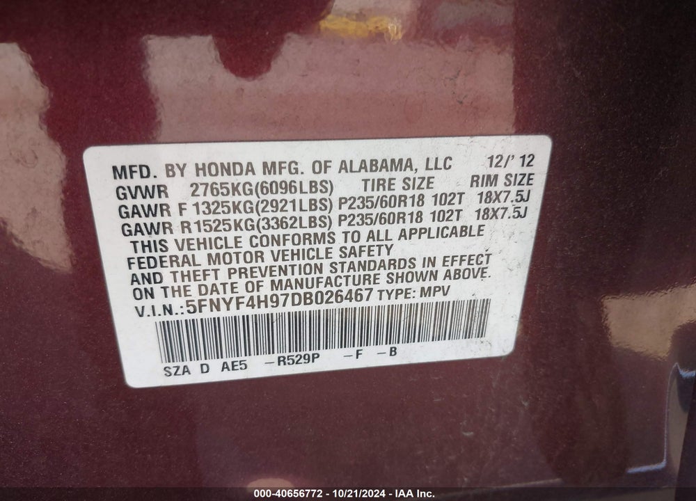 2013 HONDA PILOT TOURING VIN: 5FNYF4H97DB026467