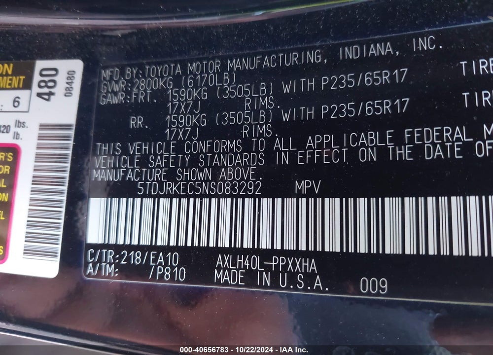 2022 TOYOTA SIENNA XLE VIN: 5TDJRKEC5NS083292