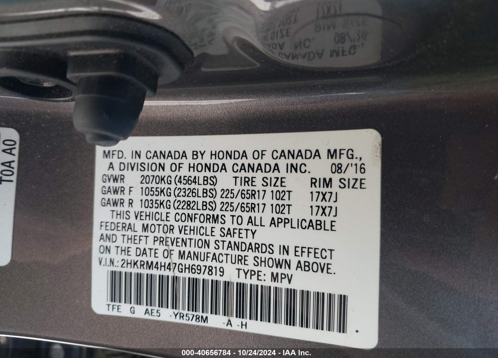 2016 HONDA CR-V SE VIN: 2HKRM4H47GH697819