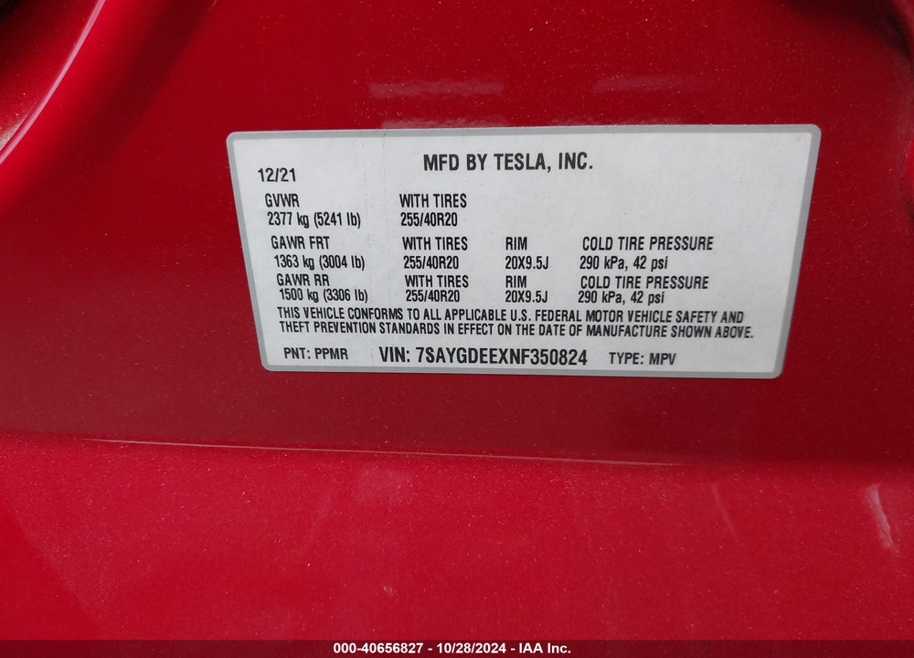 2022 TESLA MODEL Y LONG RANGE DUAL MOTOR ALL-WHEEL DRIVE VIN: 7SAYGDEEXNF350824