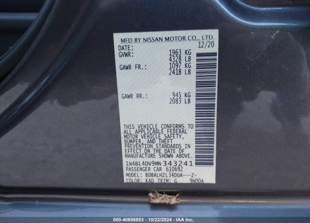 2021 NISSAN ALTIMA SV FWD VIN: 1N4BL4DV9MN343241