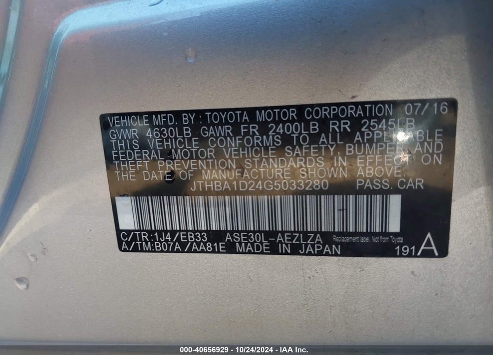 2016 LEXUS IS VIN: JTHBA1D24G5033280