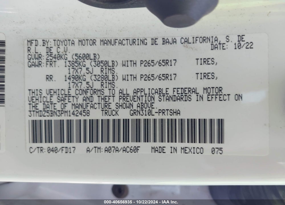 2023 TOYOTA TACOMA TRD SPORT VIN: 3TMDZ5BN3PM142458