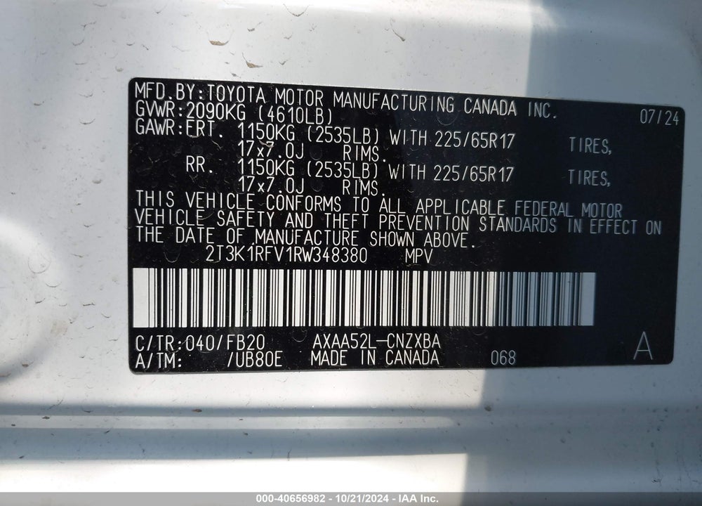 2024 TOYOTA RAV4 LE VIN: 2T3K1RFV1RW348380