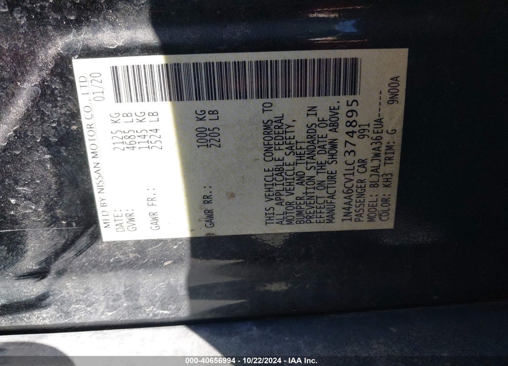 2020 NISSAN MAXIMA SV XTRONIC CVT VIN: 1N4AA6CV1LC374895
