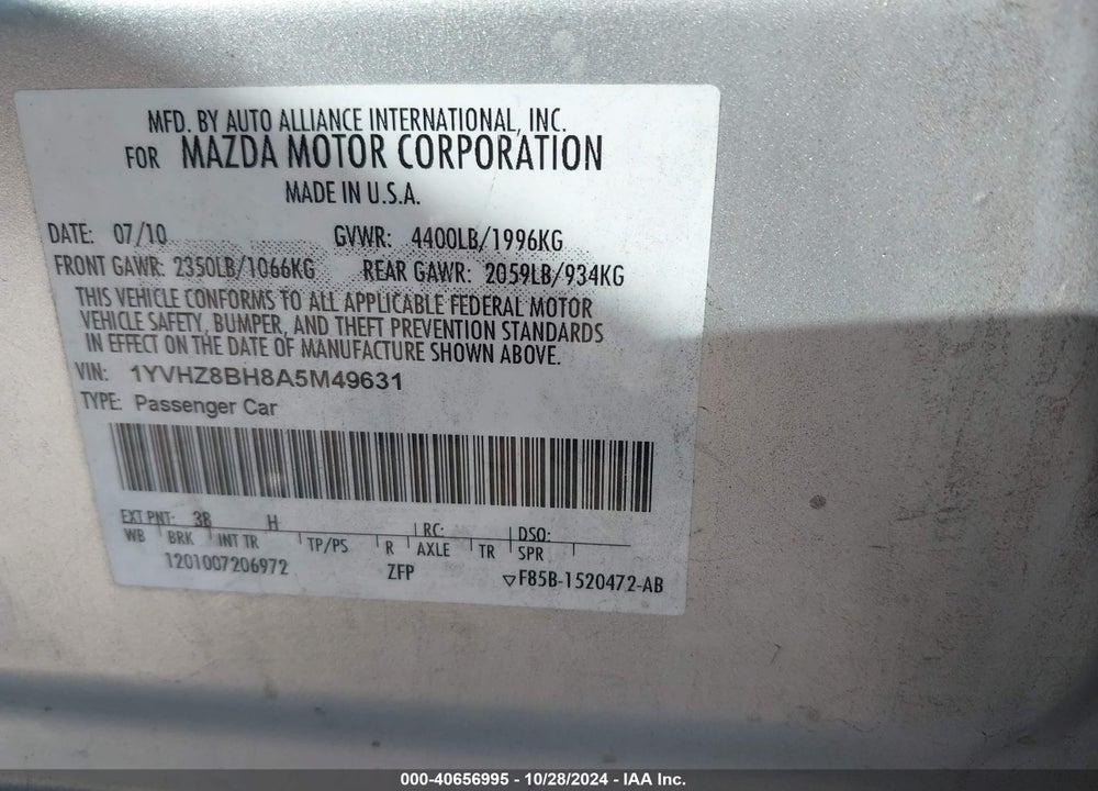 2010 MAZDA 6 I SPORT VIN: 1YVHZ8BH8A5M49631