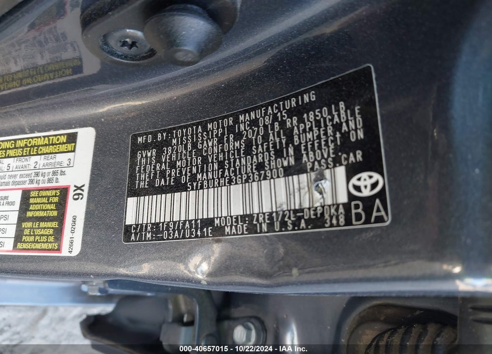 2016 TOYOTA COROLLA L VIN: 5YFBURHE3GP367900
