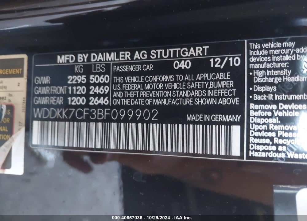 2011 MERCEDES-BENZ E 550 VIN: WDDKK7CF3BF099902