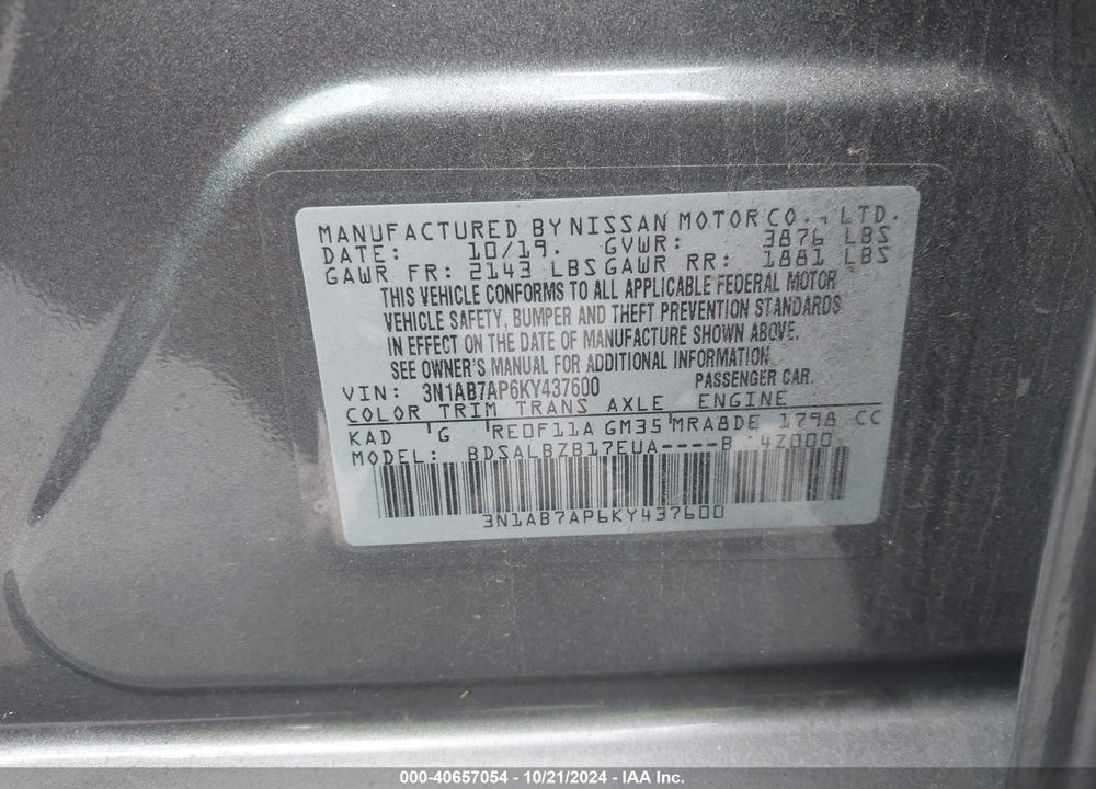 2019 NISSAN SENTRA S VIN: 3N1AB7AP6KY437600