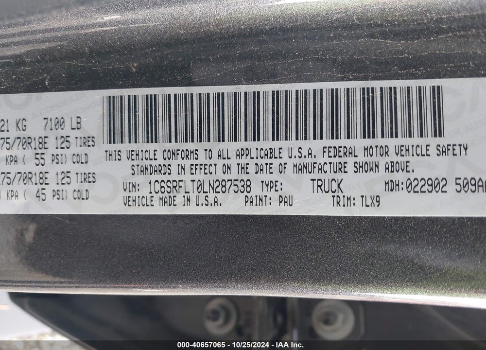 2020 RAM 1500 REBEL 4X4 5'7 BOX VIN: 1C6SRFLT0LN287538