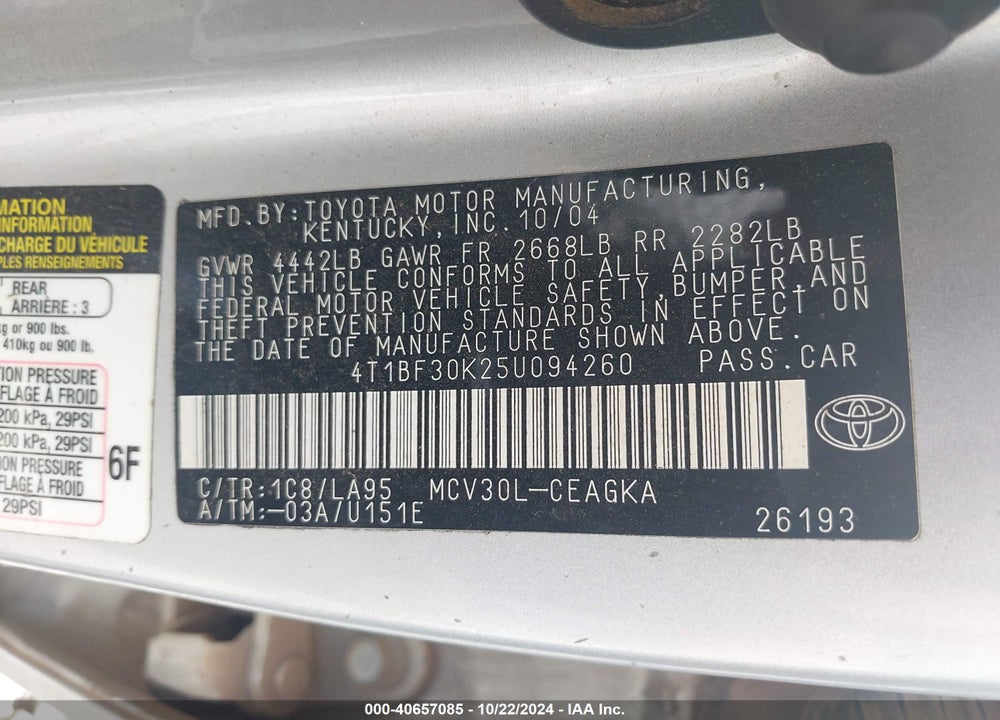 2005 TOYOTA CAMRY XLE V6 VIN: 4T1BF30K25U094260