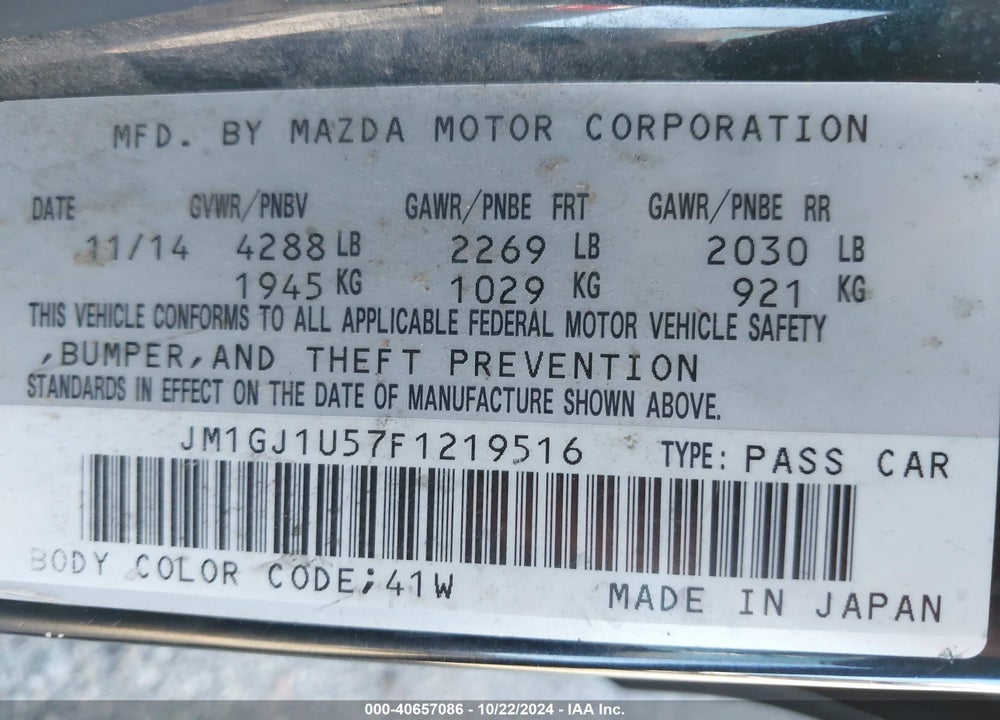 2015 MAZDA 6 I SPORT VIN: JM1GJ1U57F1219516