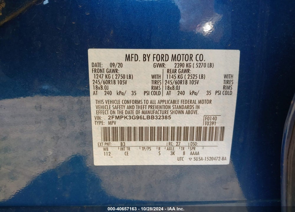 2020 FORD EDGE SE VIN: 2FMPK3G96LBB32385