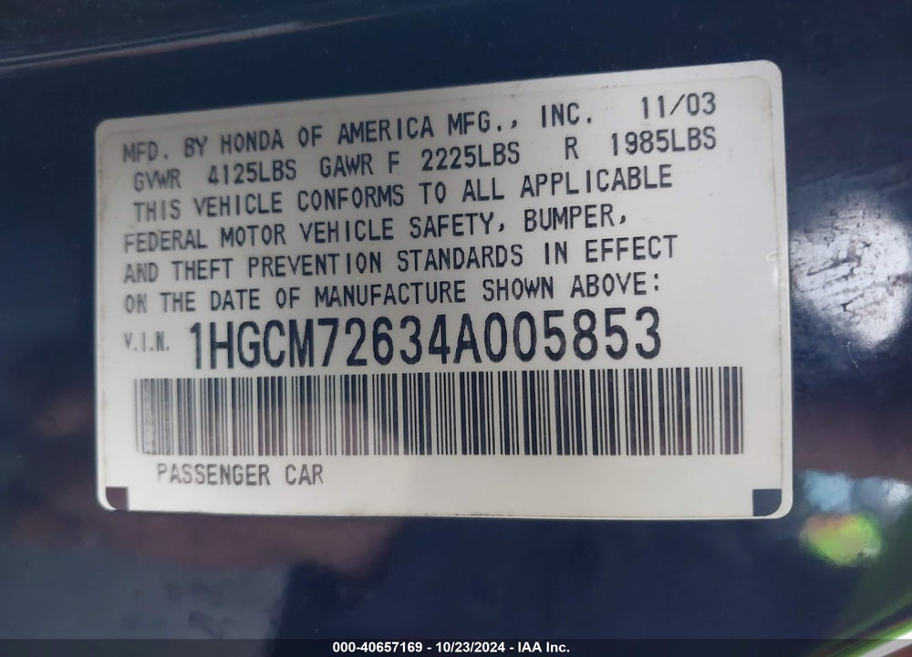 2004 HONDA ACCORD VIN: 1HGCM72634A005853