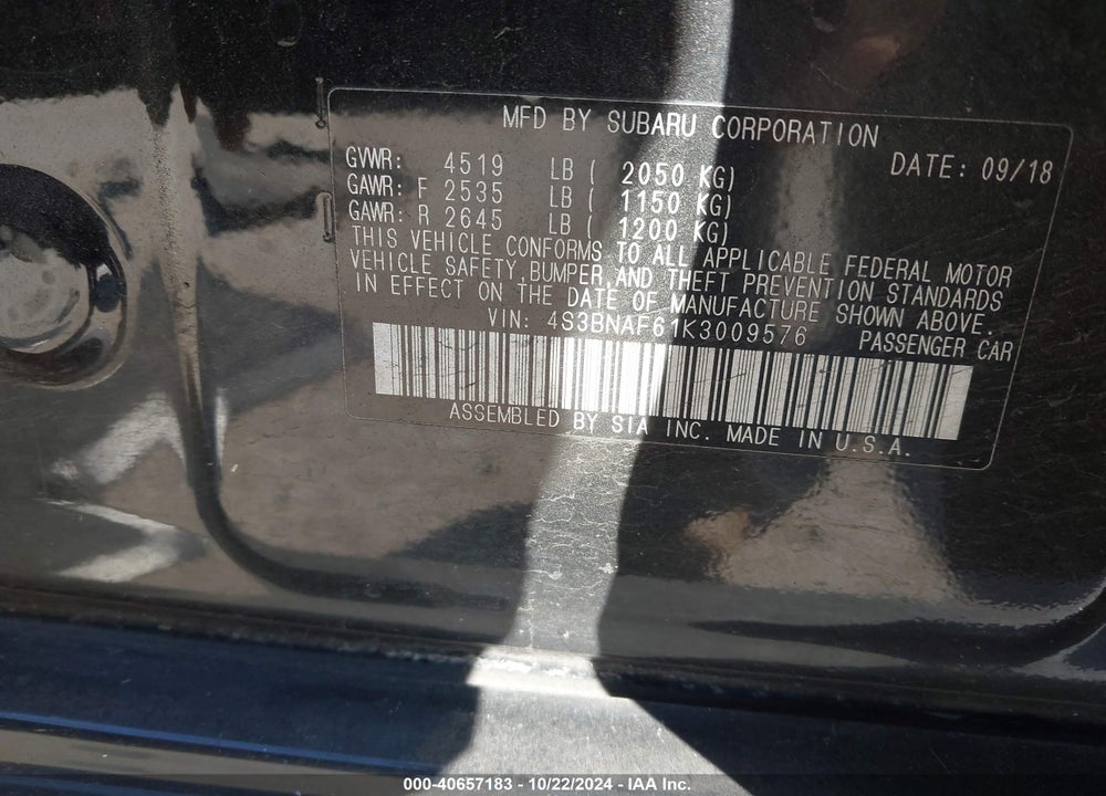 2019 SUBARU LEGACY 2.5I PREMIUM VIN: 4S3BNAF61K3009576