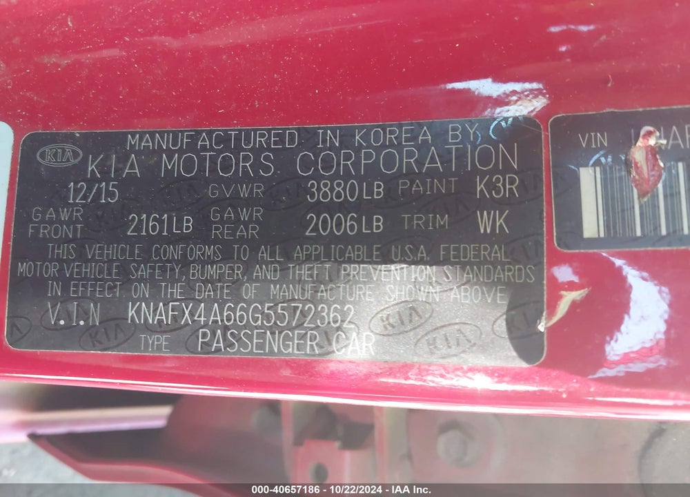 2016 KIA FORTE LX VIN: KNAFX4A66G5572362