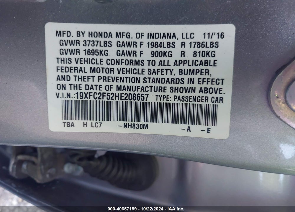 2017 HONDA CIVIC LX VIN: 19XFC2F52HE208657