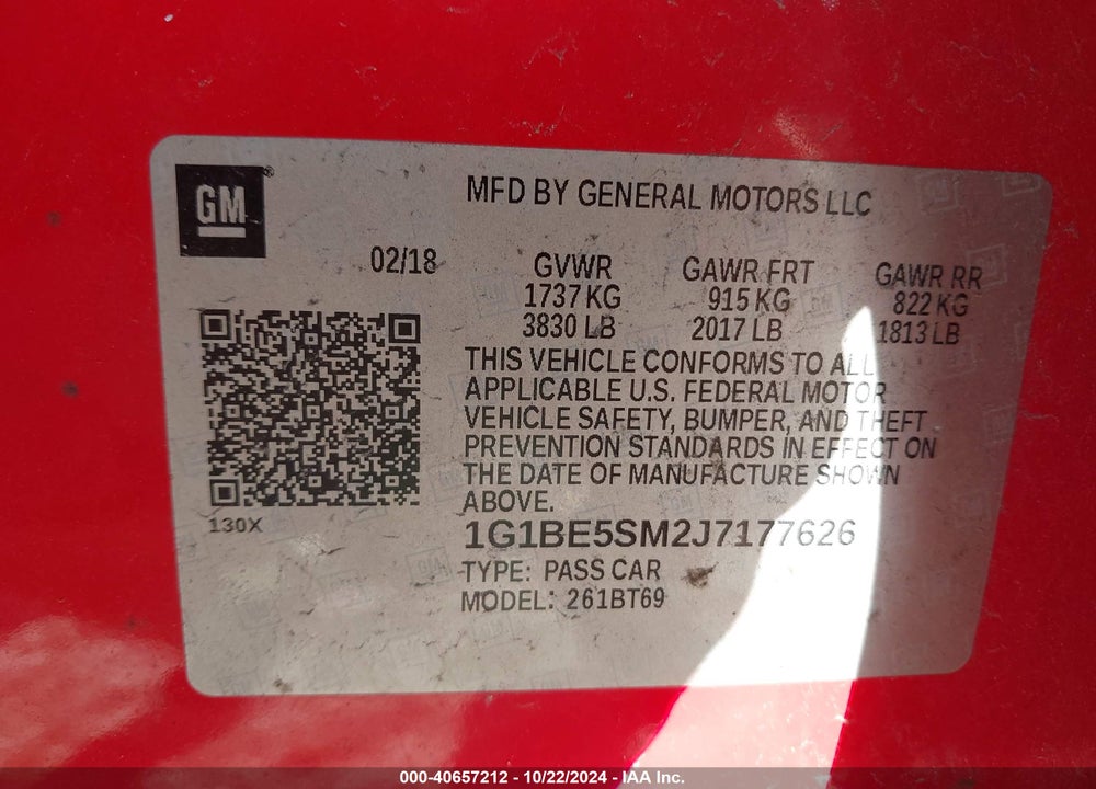 2018 CHEVROLET CRUZE LT AUTO VIN: 1G1BE5SM2J7177626