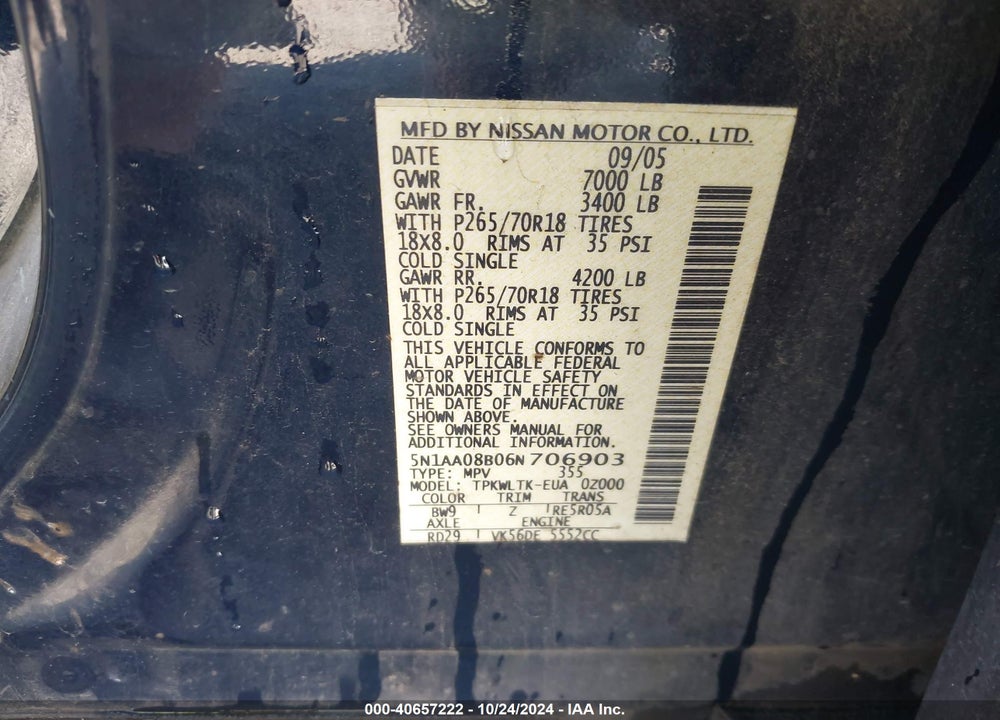 2006 NISSAN ARMADA SE VIN: 5N1AA08B06N706903