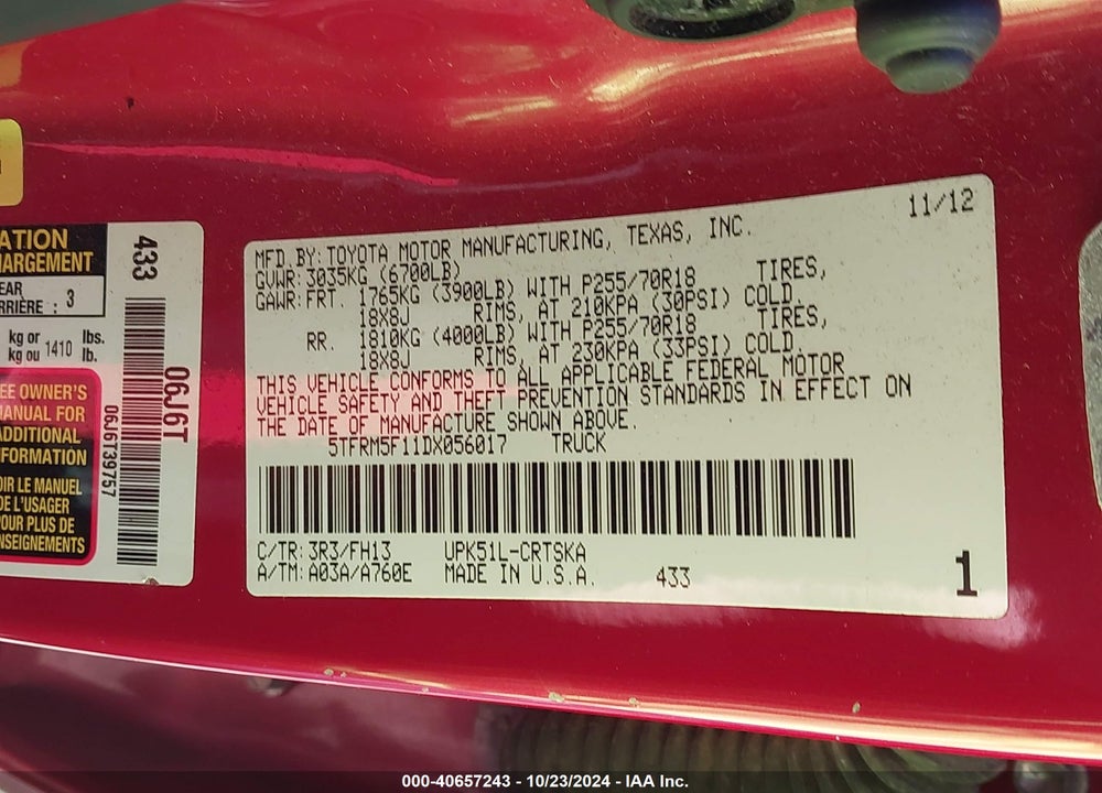 2013 TOYOTA TUNDRA GRADE 4.6L V8 VIN: 5TFRM5F11DX056017
