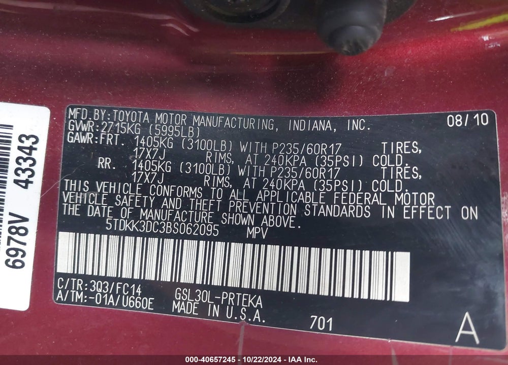 2011 TOYOTA SIENNA LE V6 VIN: 5TDKK3DC3BS062095