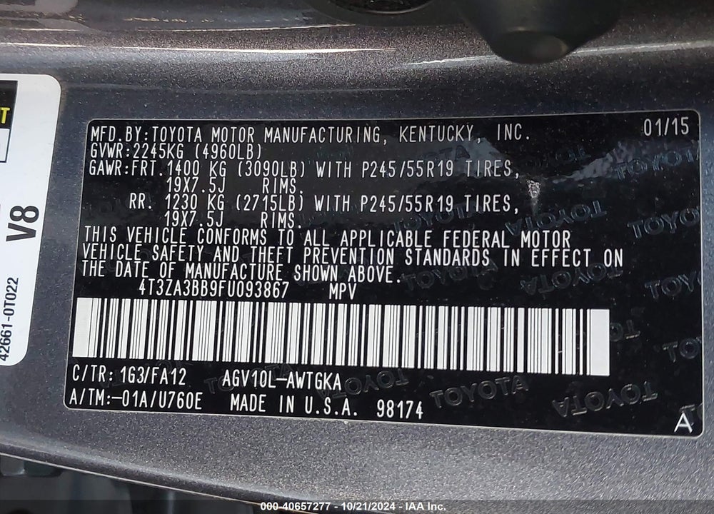 2015 TOYOTA VENZA LE VIN: 4T3ZA3BB9FU093867