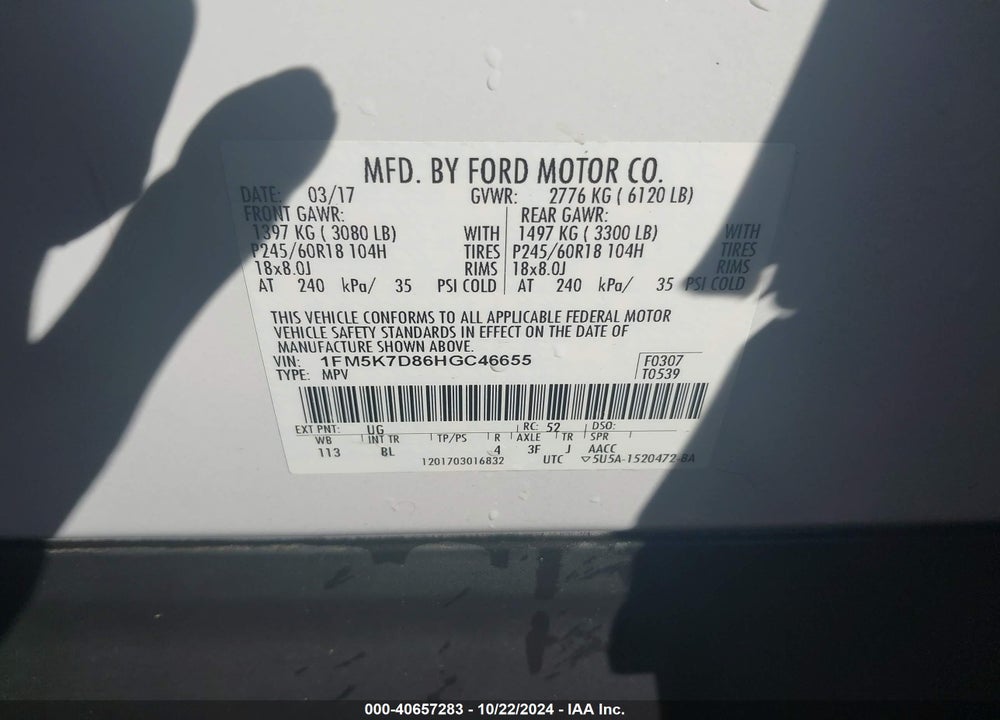 2017 FORD EXPLORER XLT VIN: 1FM5K7D86HGC46655